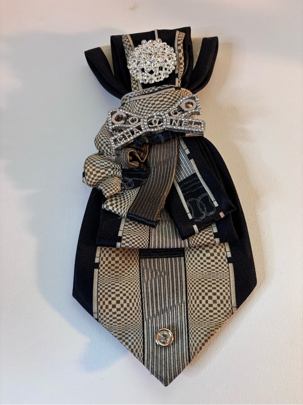 -Inspired Upcycle repurposed Black & Cream Embellished Necktie Accent